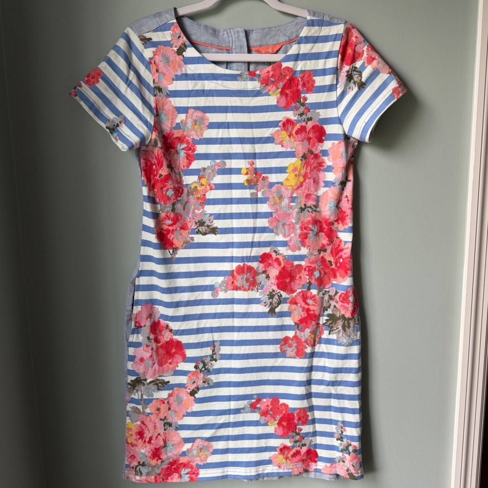 Joules Cotton Linen‎ Dress Short Sleeve Blue Stripe Pink Floral Pockets Size 8